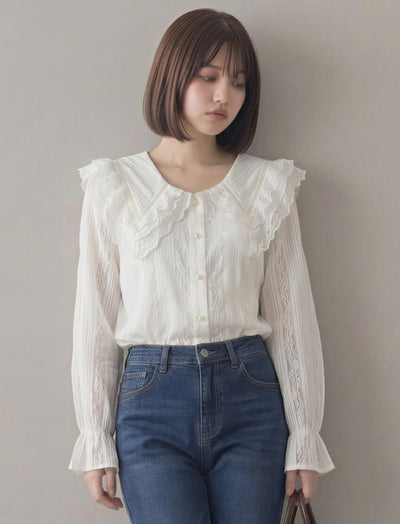 レース×フリル 大きめビッグカラー パフスリーブブラウス