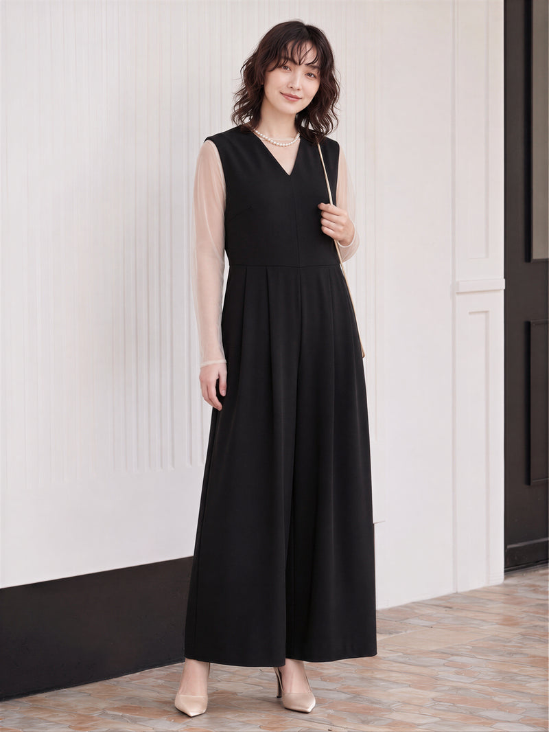 シアーメッシュスリーブ切り替えワイドレッグオールインワン-ブラック-2XL