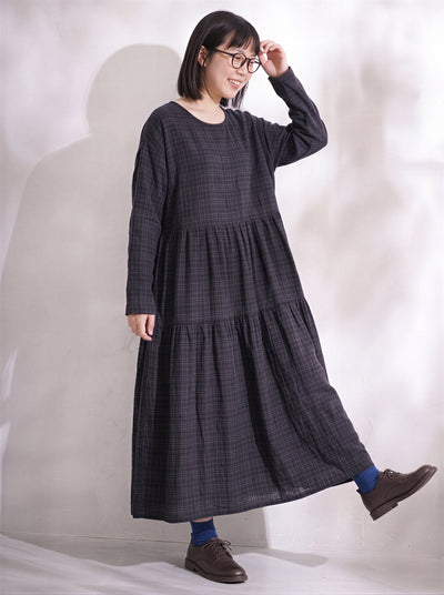 綿麻ゆったりシンプル継ぎ手長袖洋装-ブラック-FREE