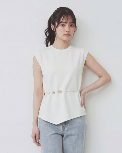 ショルダーパッド入り ノースリーブ ウエストシェイプボタン アシンメトリーヘムTシャツ-ライトベージュ-XL