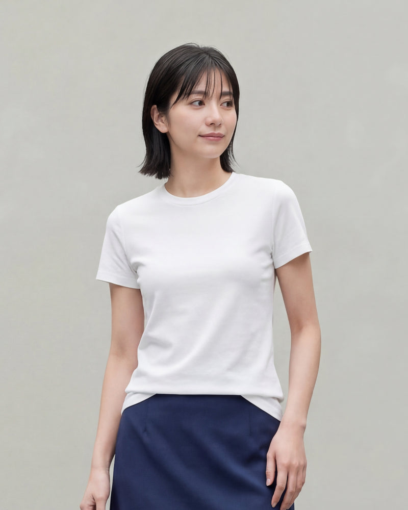 スリムフィット 伸縮性 クルーネック ショート丈 半袖Tシャツ-ホワイト-2XL