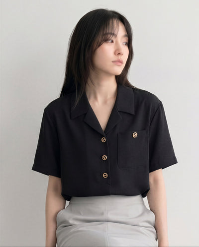 配色ボタン 襟付き半袖シャツ-ブラック-2XL
