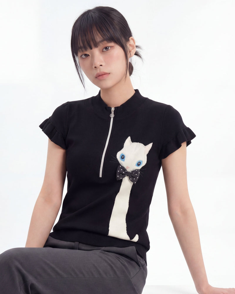 ハーフジップ スタンドカラー フリル袖 猫モチーフ 半袖Tシャツ-ブラック-XL
