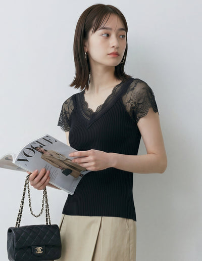 レースVネック 細リブ フィット 見せ肩 半袖Tシャツ