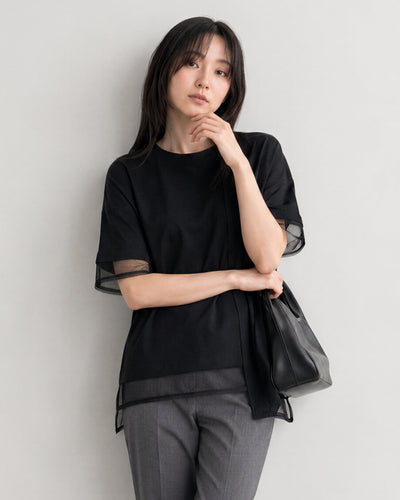 メッシュ切り替え イレギュラーヘム 半袖Tシャツ-ブラック-FREE