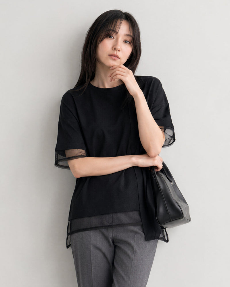 メッシュ切り替え イレギュラーヘム 半袖Tシャツ-ブラック-FREE