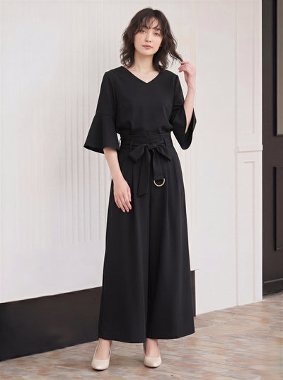 フレアスリーブVネックワイドパンツセットアップ-ブラック-2XL
