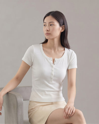 ラウンドネック フロントボタン スリムTシャツ-ホワイト-XL