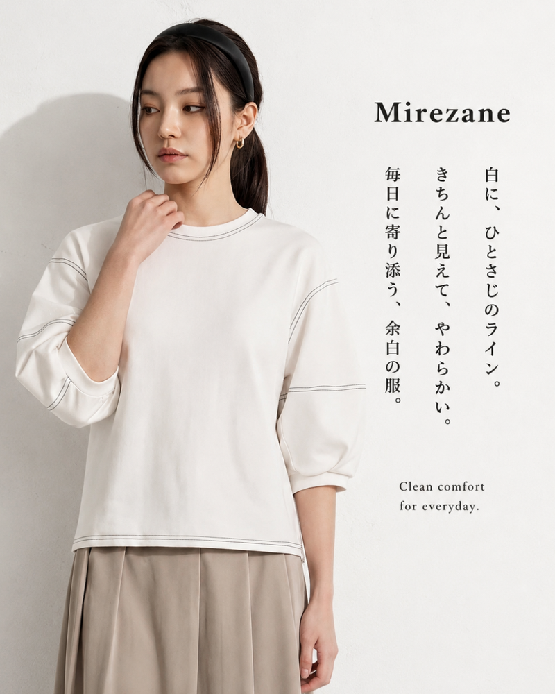 配色ステッチ パフスリーブスウェット