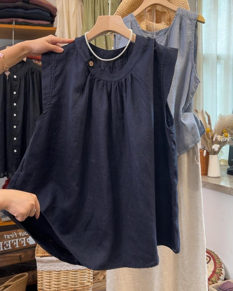 立体プリーツ クルーネック ノースリーブ ゆったりTシャツ