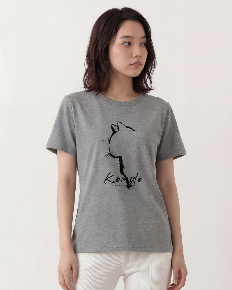 グレー ゆったりドロップショルダー アニマル線画プリント 半袖Tシャツ