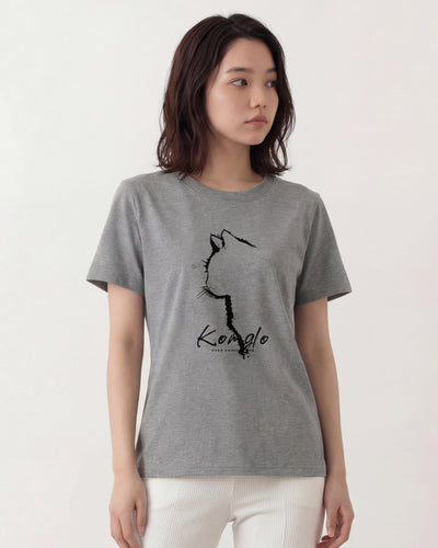 グレー ゆったりドロップショルダー アニマル線画プリント 半袖Tシャツ