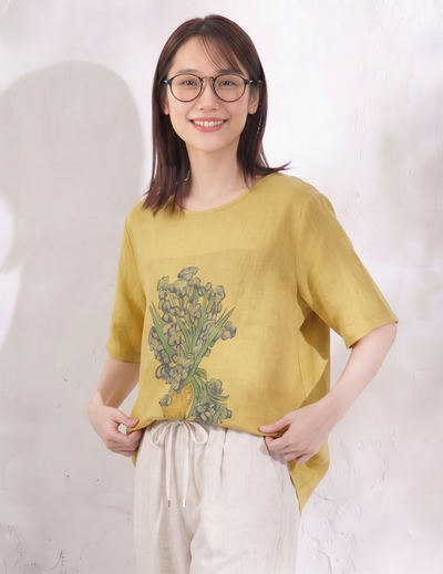 ゆったりカジュアルクルーネックフラワープリント半袖Tシャツ