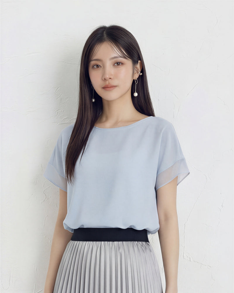 ライトブルー クルーネック 切替 半袖 シフォンブラウス-サックス-2XL
