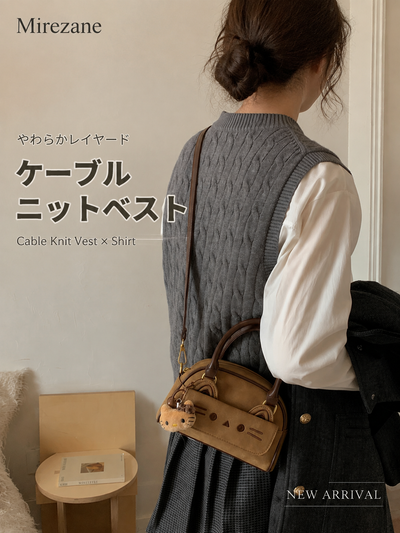 立体猫モチーフポケット付き ダブルハンドル ミニハンド・ショルダーバッグ