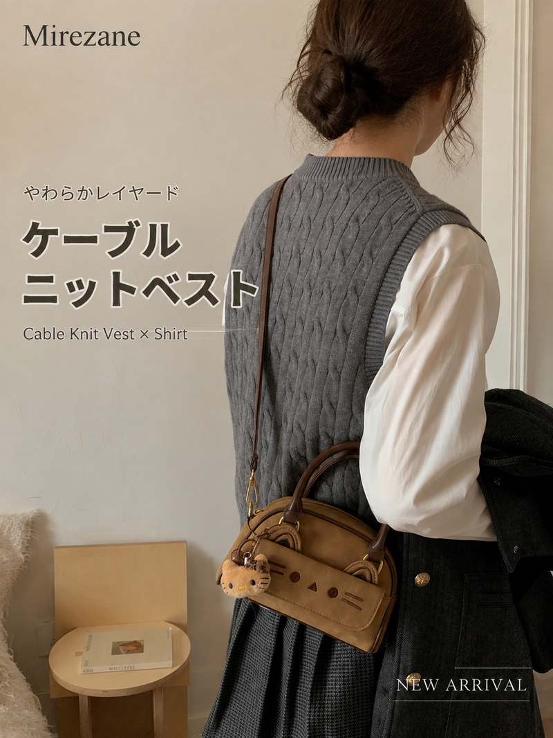 立体猫モチーフポケット付き ダブルハンドル ミニハンド・ショルダーバッグ