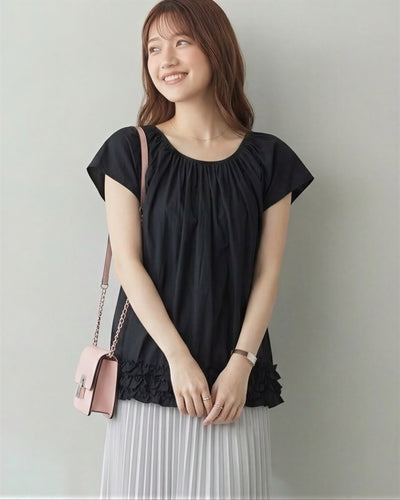 ギャザー入りラウンドネック ペプラムヘムTシャツ-ブラック-4XL