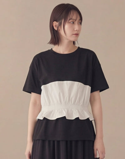 切り替えフリルヘム ウエストシェイプ 半袖Tシャツ