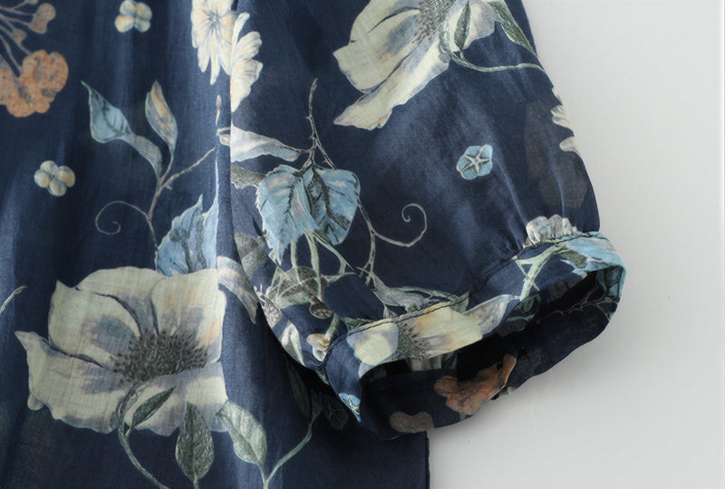 M~2XL レトロフラワープリント ブルーシャツ
