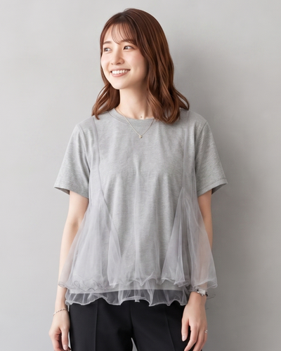 【全3色】ゆったりラウンドネック チュール切り替えTシャツ