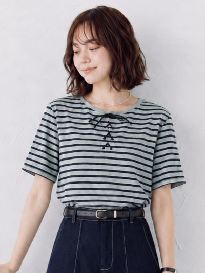 ボーダー リボン付き クルーネック 半袖Tシャツ