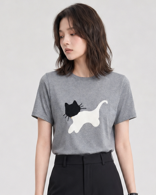 コットン素材、ネコ!子猫刺繍半袖Tシャツデザイン感ゆったりトップス