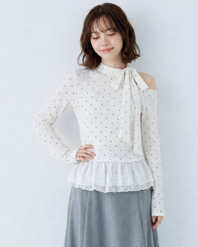 オフショルダー リボン×ドット 切り替え 長袖Tシャツ