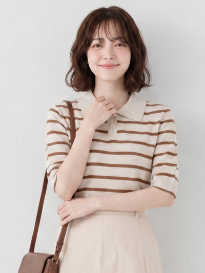 肌にやさしいストレッチ繊維|肩まわりを彩るデザインストライプ半袖トップス