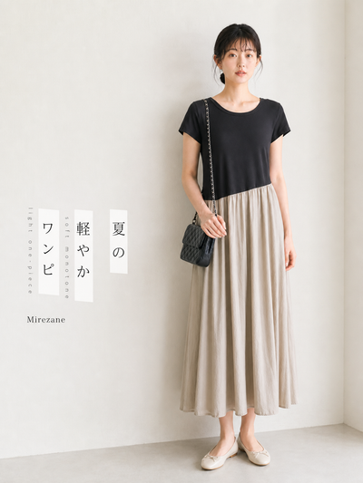 M~2XL 配色切り替え アシンメトリーウエスト フェイクレイヤード 半袖ワンピース