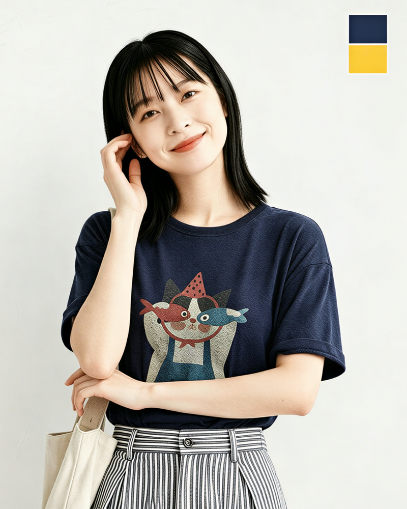 ゆったりドロップショルダー 遊び心プリント半袖Tシャツ