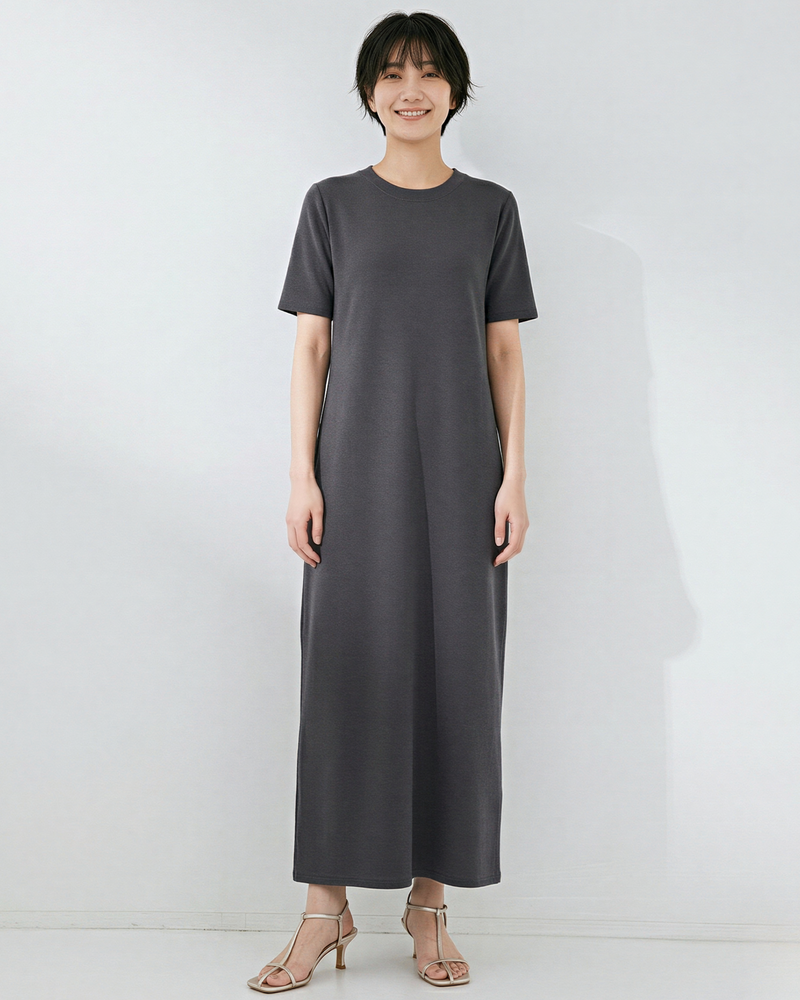 クルーネック 半袖 ストレート マキシ丈(裾長め)ワンピース