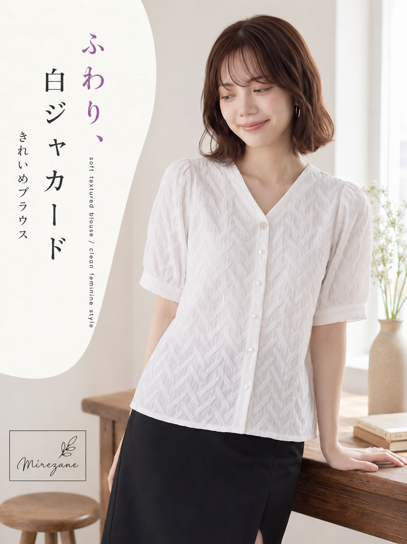 M~2XL 上質綿 100% | ジャカードVネック パフスリーブブラウス