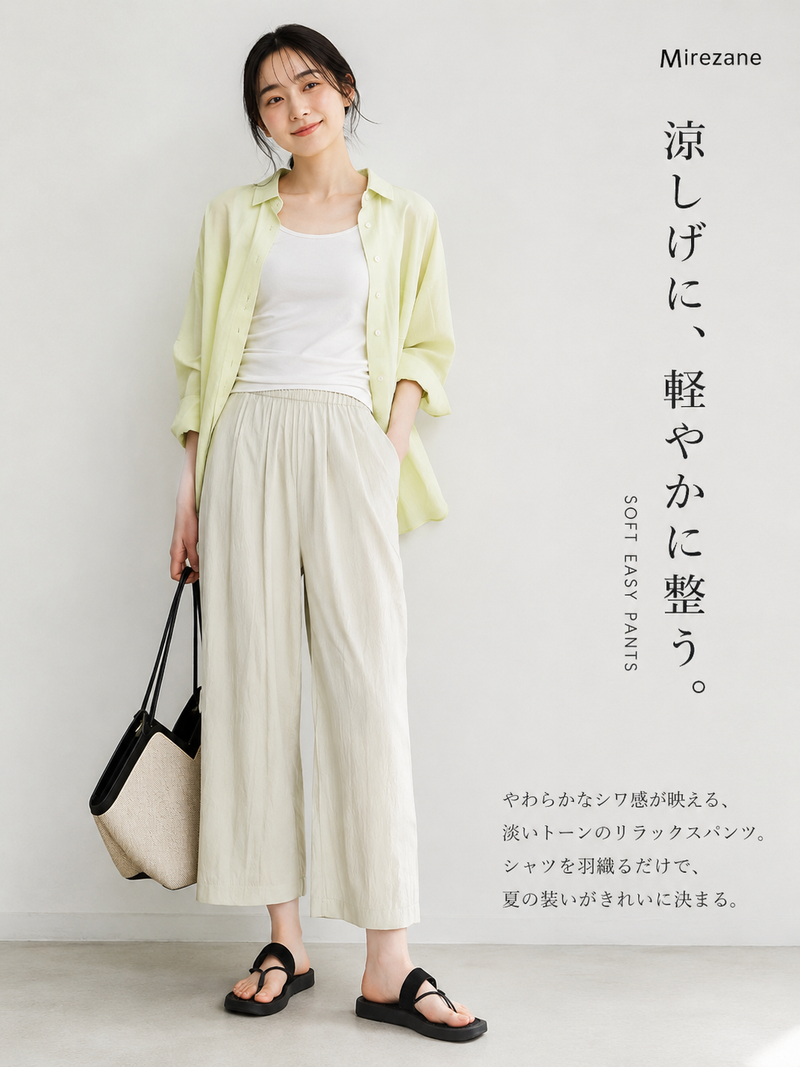 【全4色】M~5XL ハイウエスト ウエストゴム プリーツ風ワイドパンツ