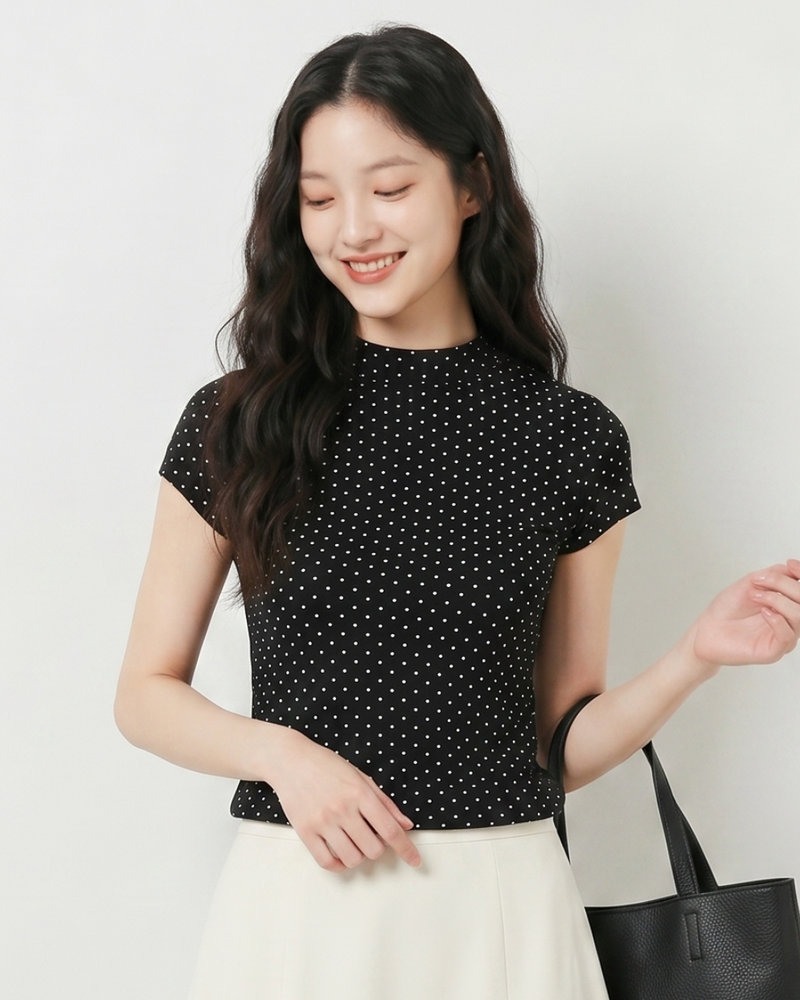 ブラック ドット柄 スタンドカラー スリムフィット 半袖Tシャツ