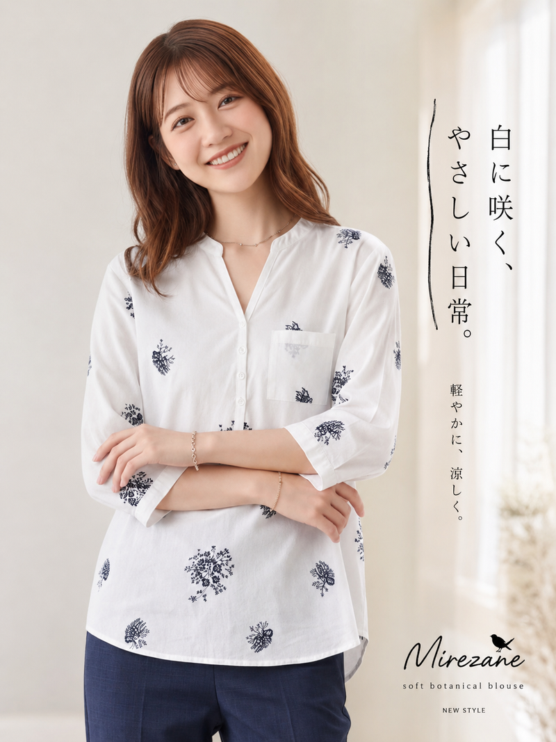 コットン 100% 通気抜群 蒸れにくい 夏快適半袖 | ホワイト 小さめVネック 花柄シャツ