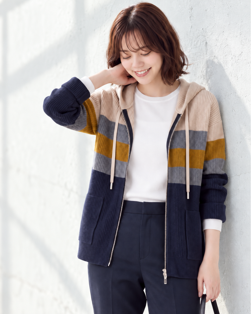 【秋新作】「全4色」M~4XL 切り替えボーダー ドローストリング フード付きニットカーディガン