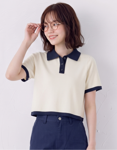 S~XL 配色POLO襟ショート丈ニットトップス