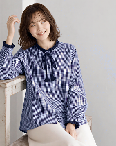 【秋新作】S~2XL フリルネックリボン付きチェックシャツ