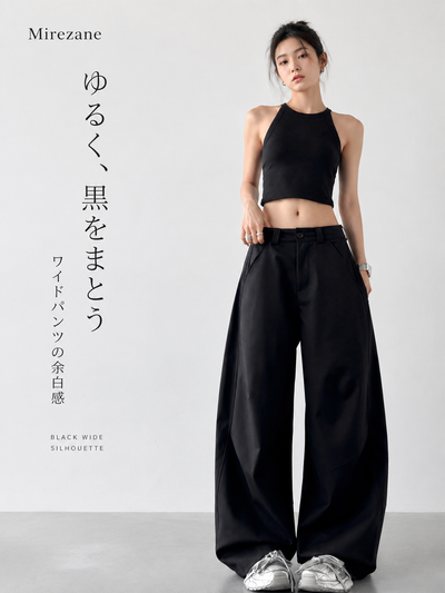 S-XL ローライズ 立体プリーツ ワイドパンツ