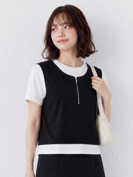 配色切り替えファスナー付きフェイクレイヤード半袖Tシャツ