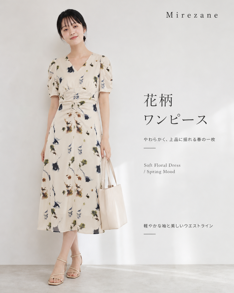 S~XL Vネック ウエストシェイプ ギャザー パフスリーブ 花柄ワンピース