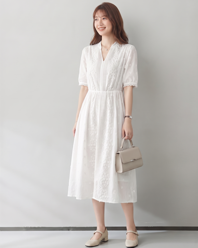S~XL 刺繍カットワーク ウエストシェイプ Vネックワンピース