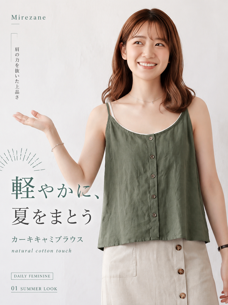 細ストラップ フロントボタン ゆったり キャミソールタンク