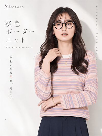 【秋新作】S~XL ライトピンク 細ボーダー クルーネック 長袖Tシャツ