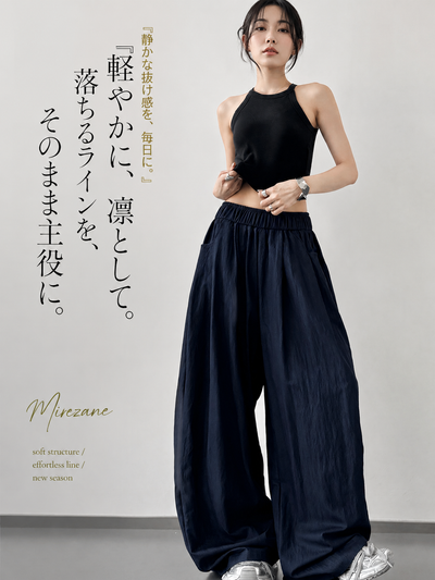 S-XL ハイウエスト ウエストゴム ギャザーワイドパンツ