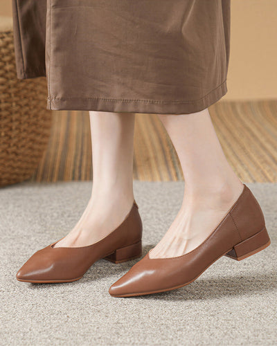 ミニマル 浅履き 安定感のあるチャンキーヒール ポインテッドトゥパンプス-ブラウン 3cm-42