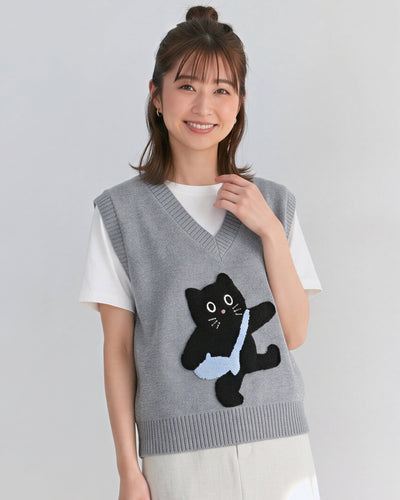 猫ジャカードVネックゆったりニットベスト-アッシュグレー-XL
