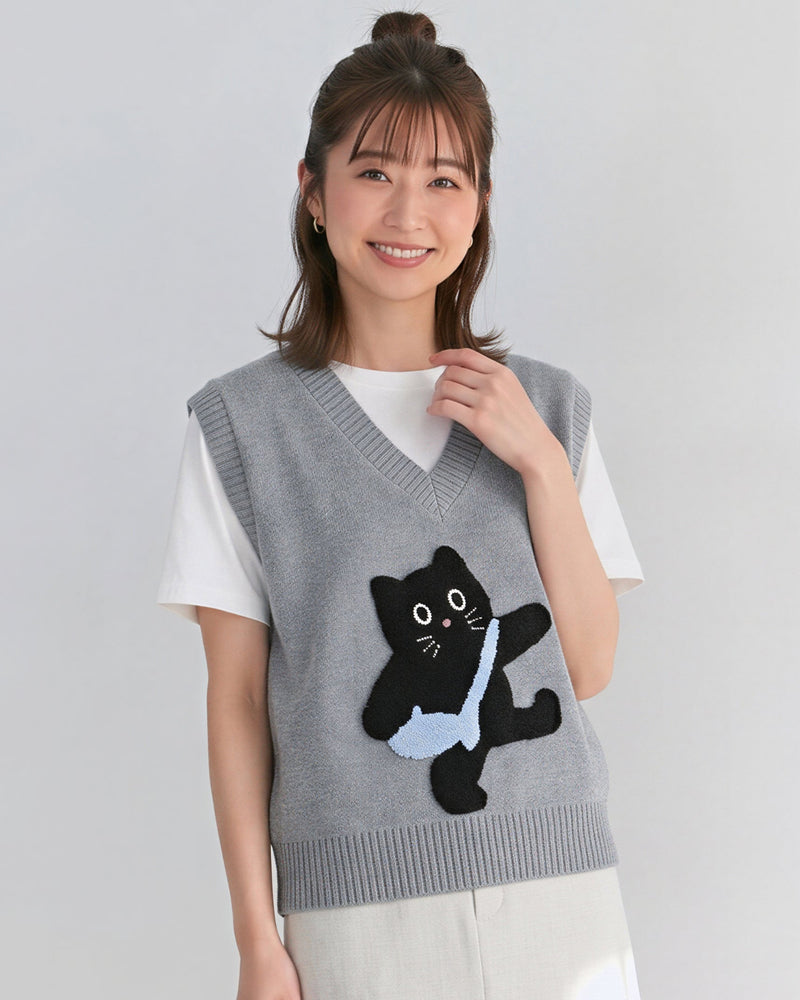 猫ジャカードVネックゆったりニットベスト-アッシュグレー-XL
