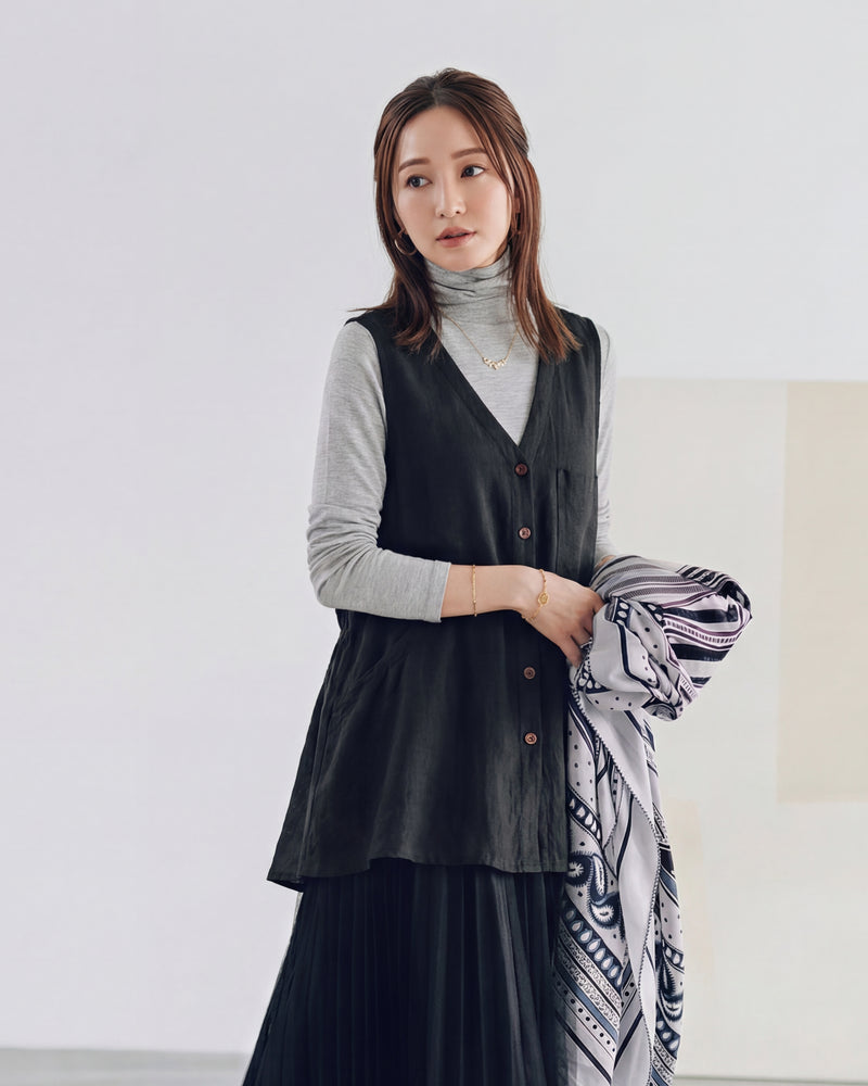 Vネック 前ボタン 裾微フレア ベスト-ブラック-2XL