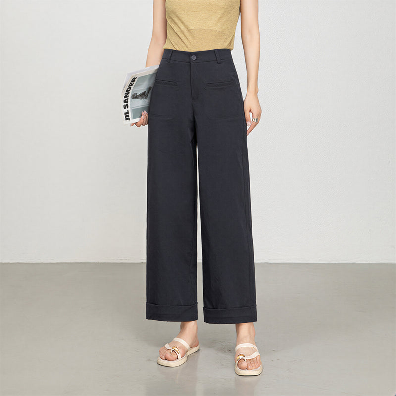ハイウエスト ストレート ロールアップ ワイドパンツ-ブラック-2尺4